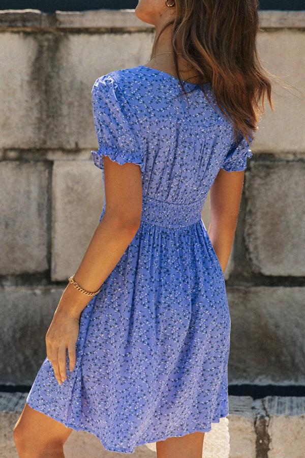 V-Neck Short Sleeve Button Print Mini Dress