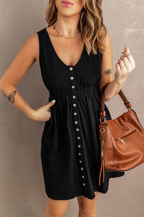 Buttons V Neck Sleeveless Waisted Dress