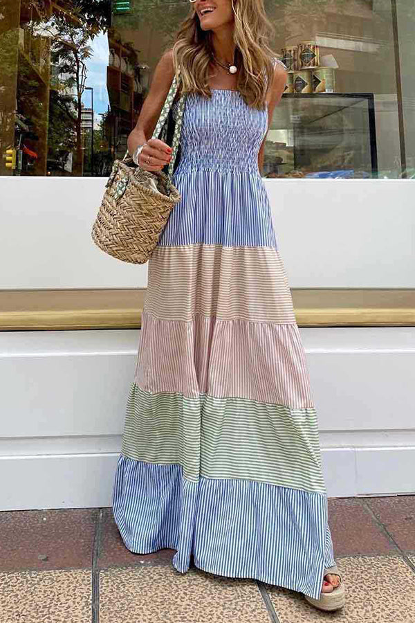 Colorblock Striped Straps Smocked Maxi Dress