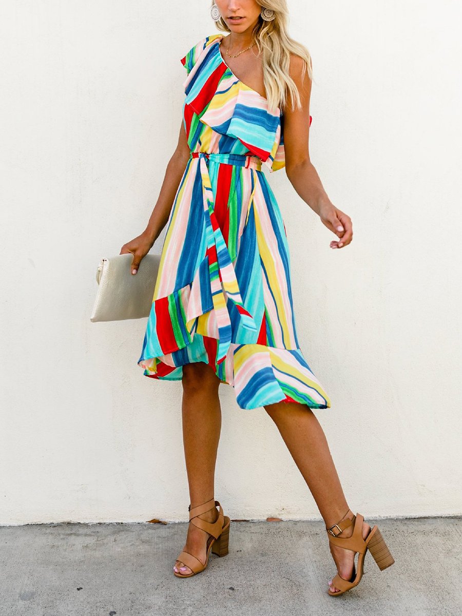 Boho Rainbow Color One-shoulder Dress