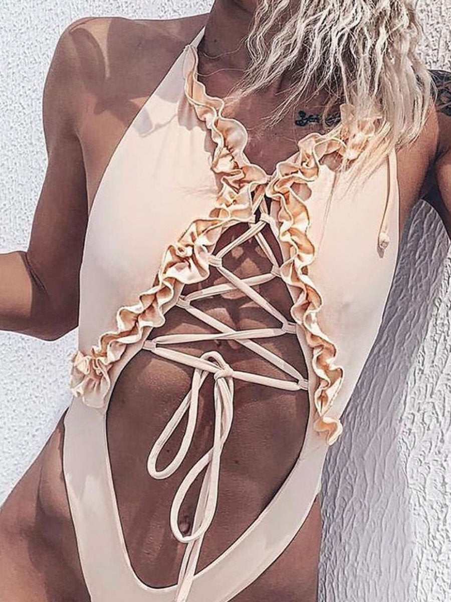 Hollow-out Design Flounce One-piece Swimsuit (2 Colors)