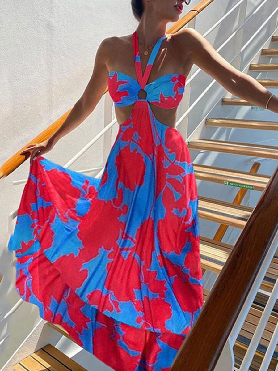 Trendy Big Flower Print Halter Strap Dress