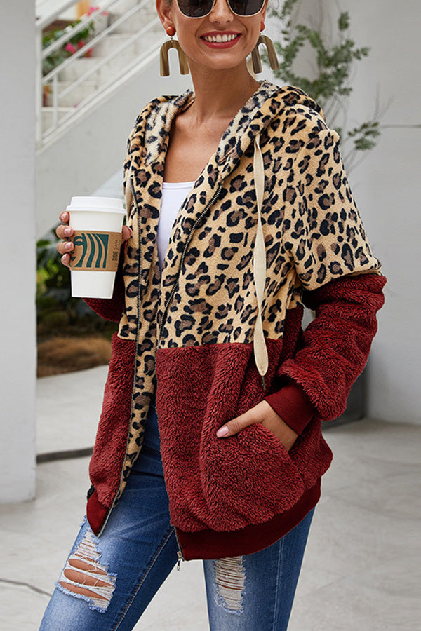 Leopard Patchwork Hooded Plush Coat