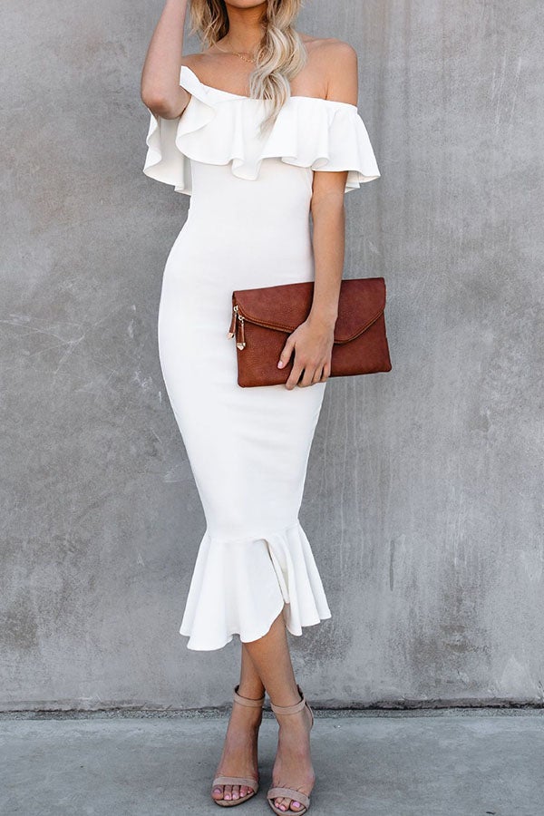 Perfectly Ruffle Off Shoulder Midi Dress