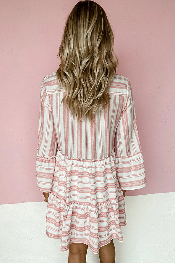Printed V-neck Flare Long Sleeve Stitched Casual Large Swing Dress