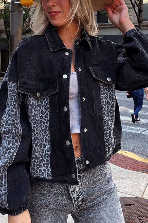 Long Sleeve Leopard Print Stitched Denim Jacket