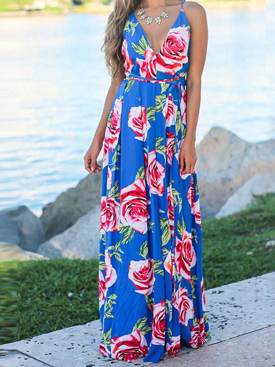 Beach Sling Leak Back Flower Print Maxi Dress
