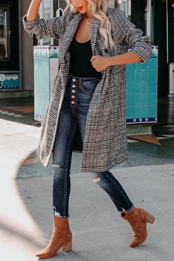 Pocketed Houndstooth Coat