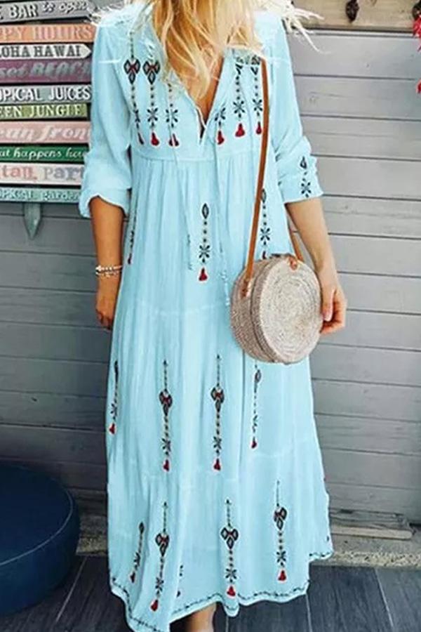 Boho Print V-Neck Long Sleeve Maxi Dress