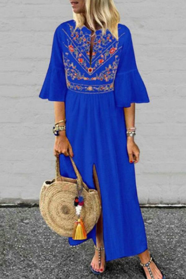 Pleated Front Slit Bell Sleeve Mexico Bohemian Beachwear Maxi Dress
