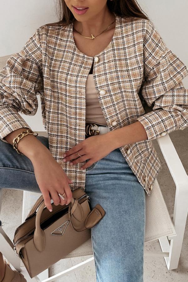 Round Neck Plaid Wool Short Coat