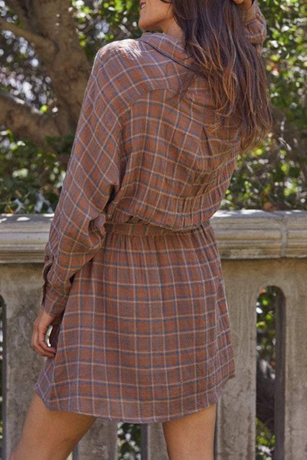 Long Sleeveless Lapel Lace-up Plaid Casual Dress