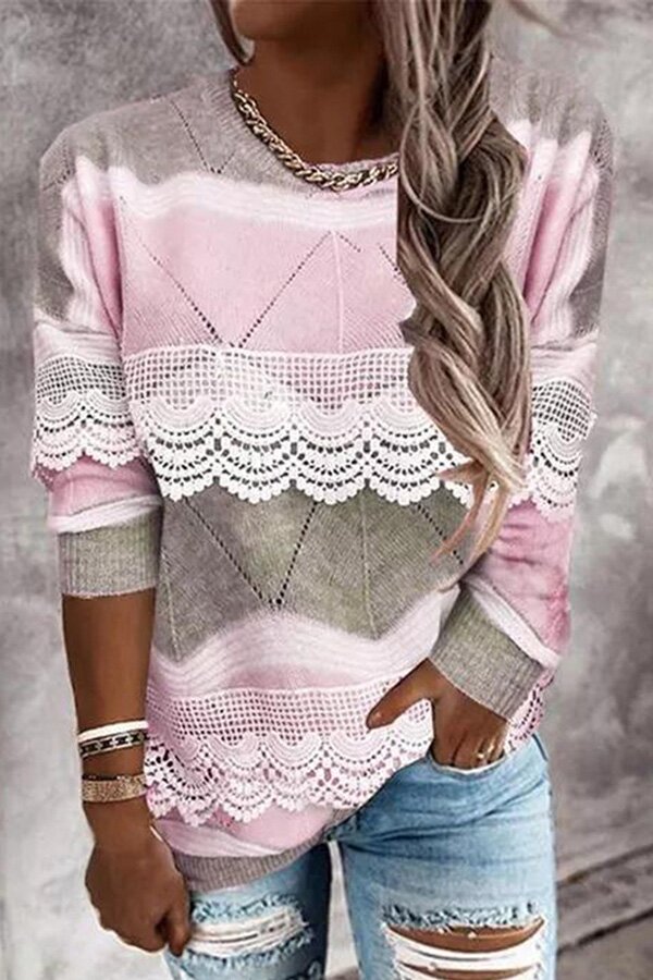 Gradient Lace Trim Cable Knit Pullover Sweater