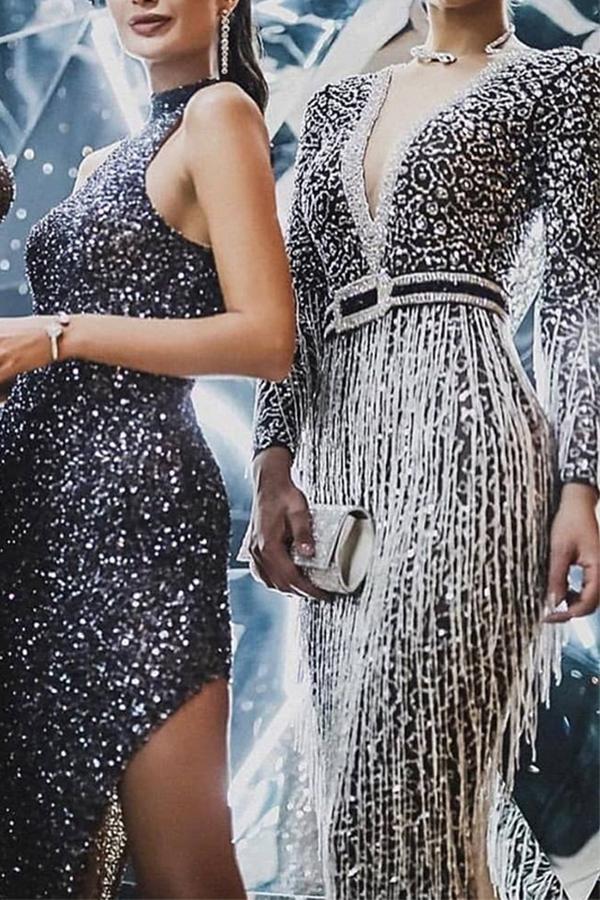 Women's New Dress Long Sleeve Bronzing Tassel Dress