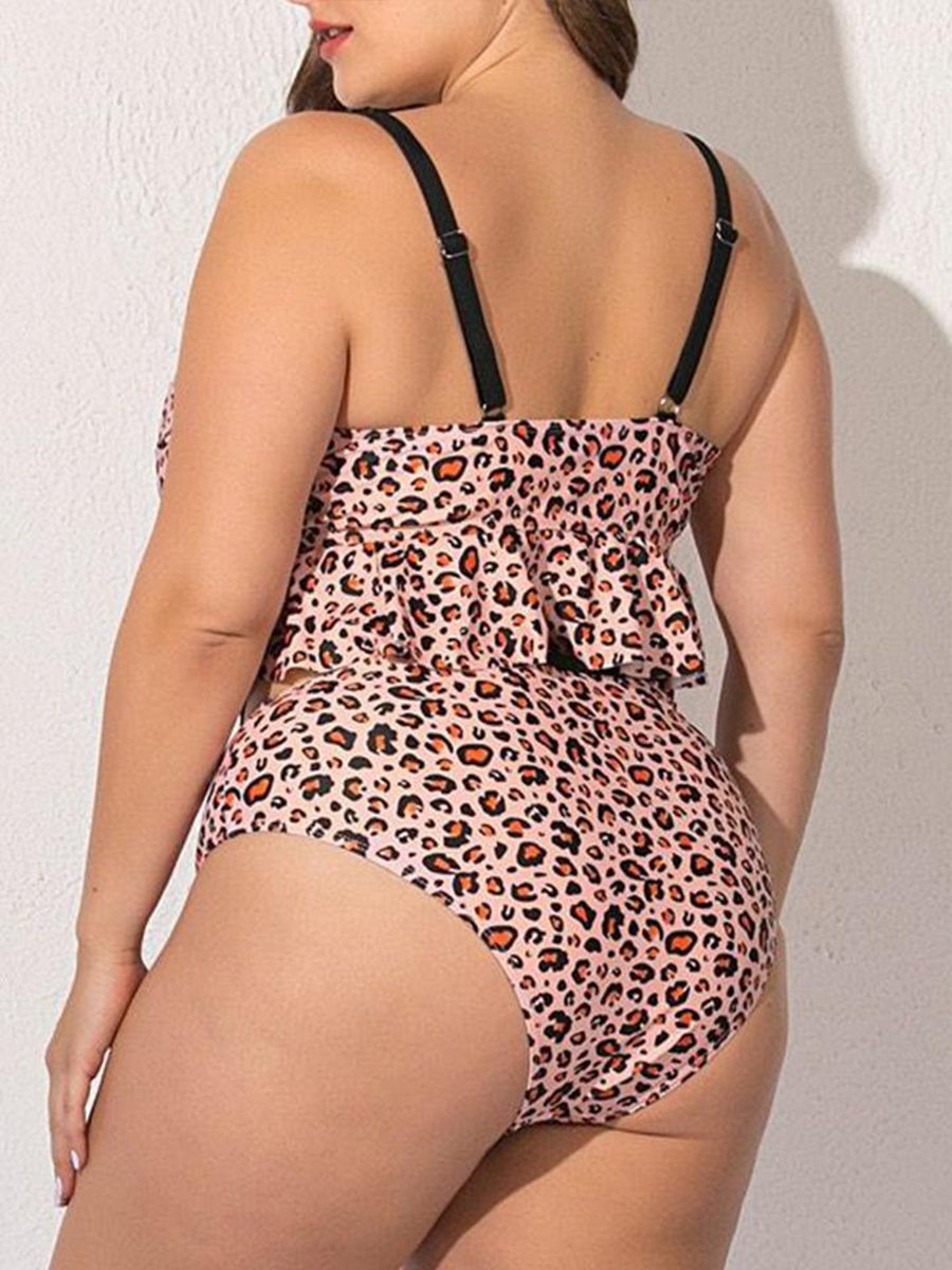 U Neck Leopard Print Flounce Design Tankini