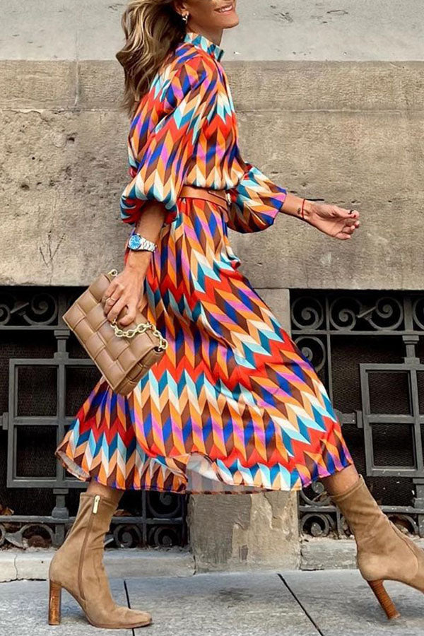 Mid-sleeve Printed Waist A-line Dress