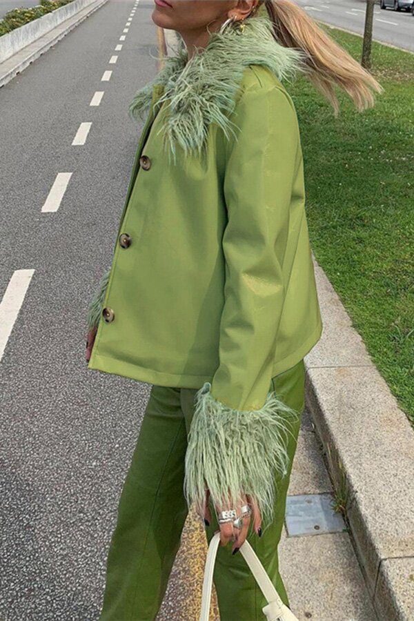 Chic Faux Fur Patchwork Bodycon Leather Coat