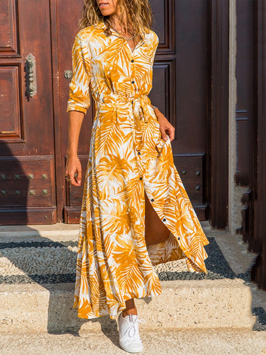 Casual Printed Short-sleeved Lace Up Dress