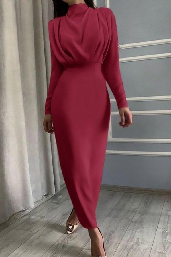 Fashiona Elegant Waist Solid Color Long-sleeved Dress