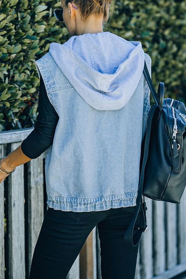 Pocketed Hooded Denim Vest