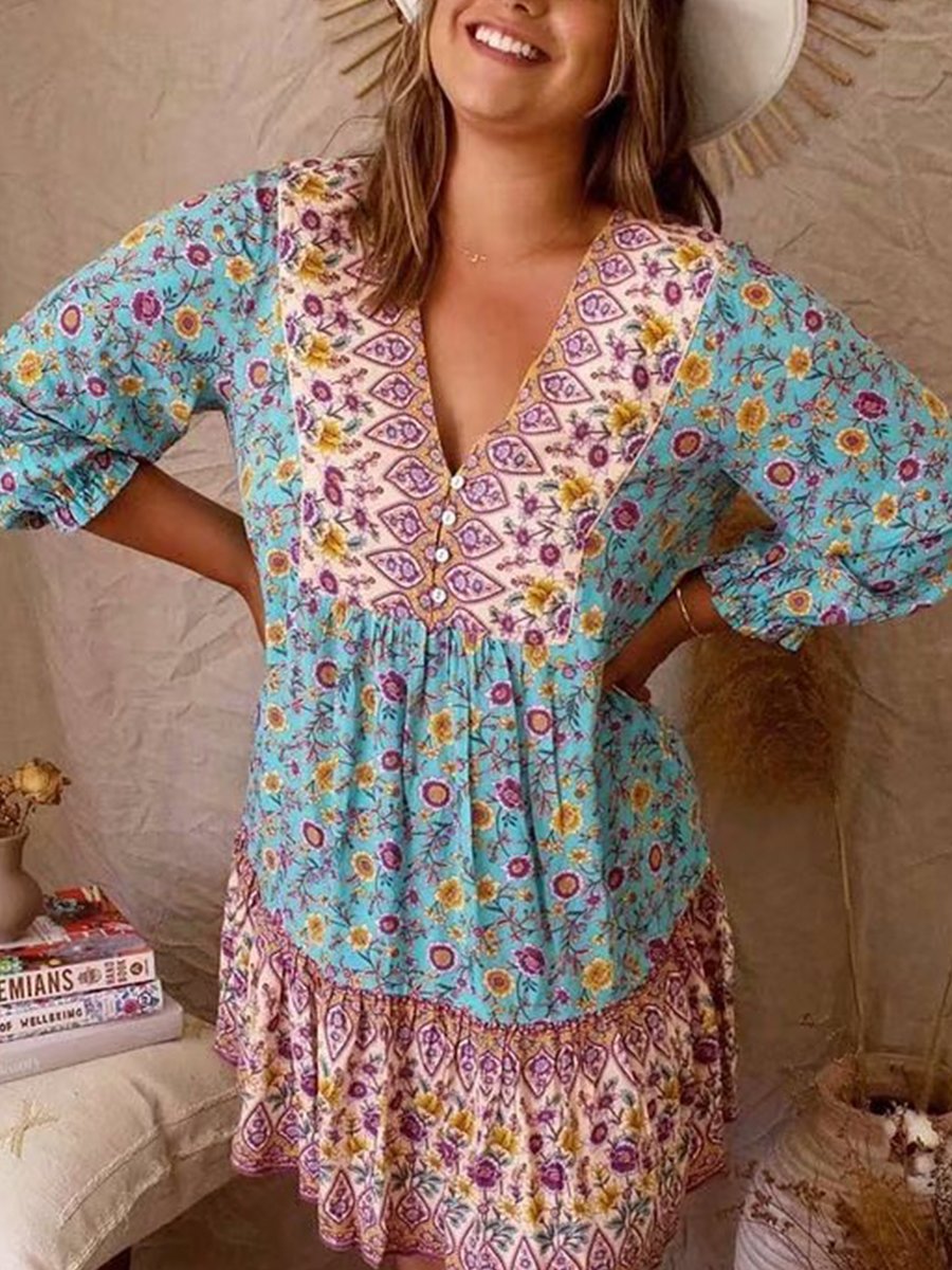 V-neck Multicolor Print Mini Dress