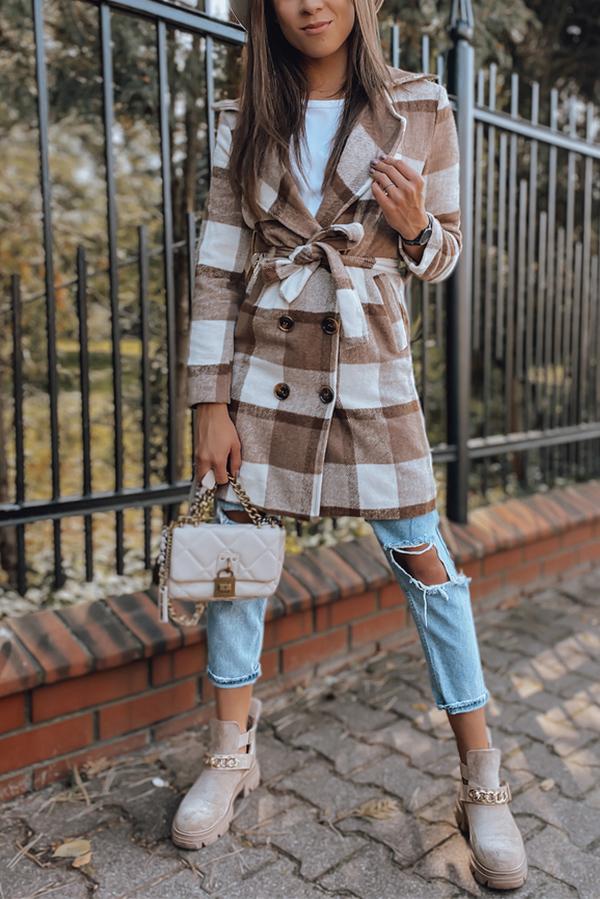 Double Row Button Checked Wool Coat