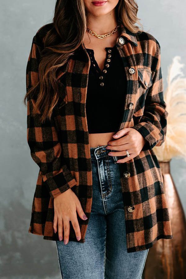 Button Front Lapel Plaid Insert Pocket Shacket