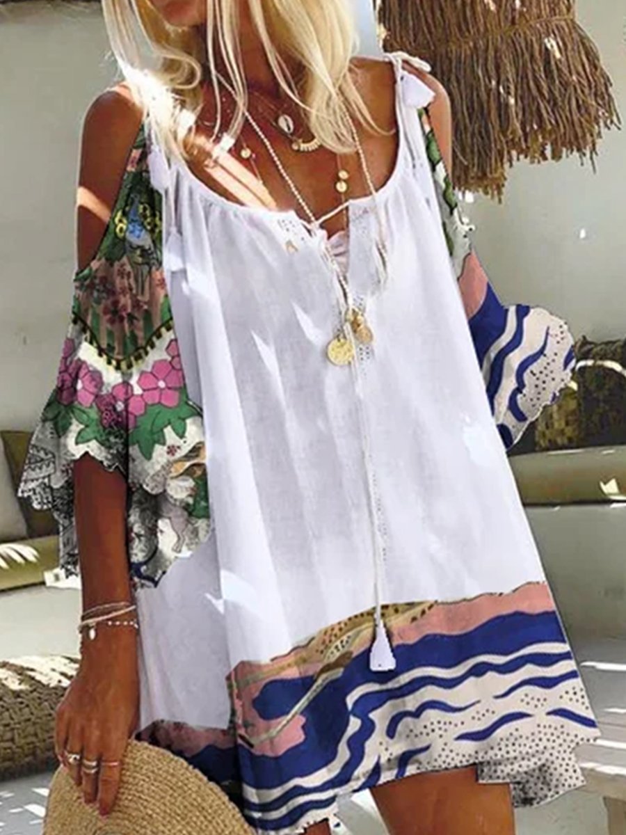 Leisure Vacation Style Off-the-shoulder Print Stitching Dress