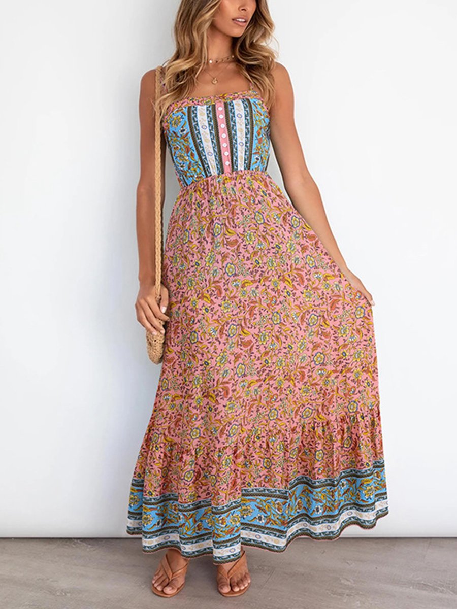 Straps U-neck Floral Print Maxi Dress