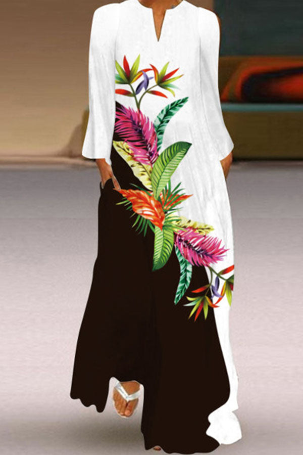 Printed V-neck Long Sleeve Dress