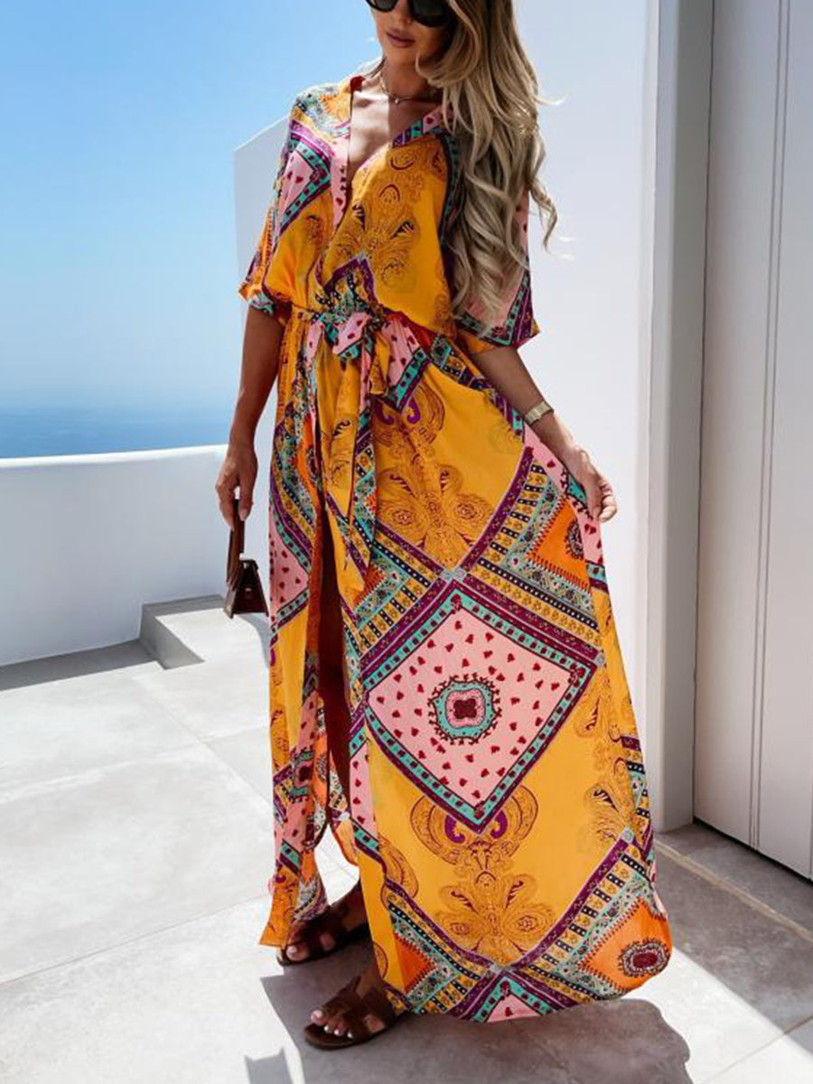 Bohemian Print V-neck Maxi Dress