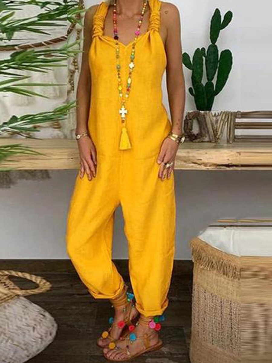 Solid Cross-back Cotton Linen Loose Jumpsuit