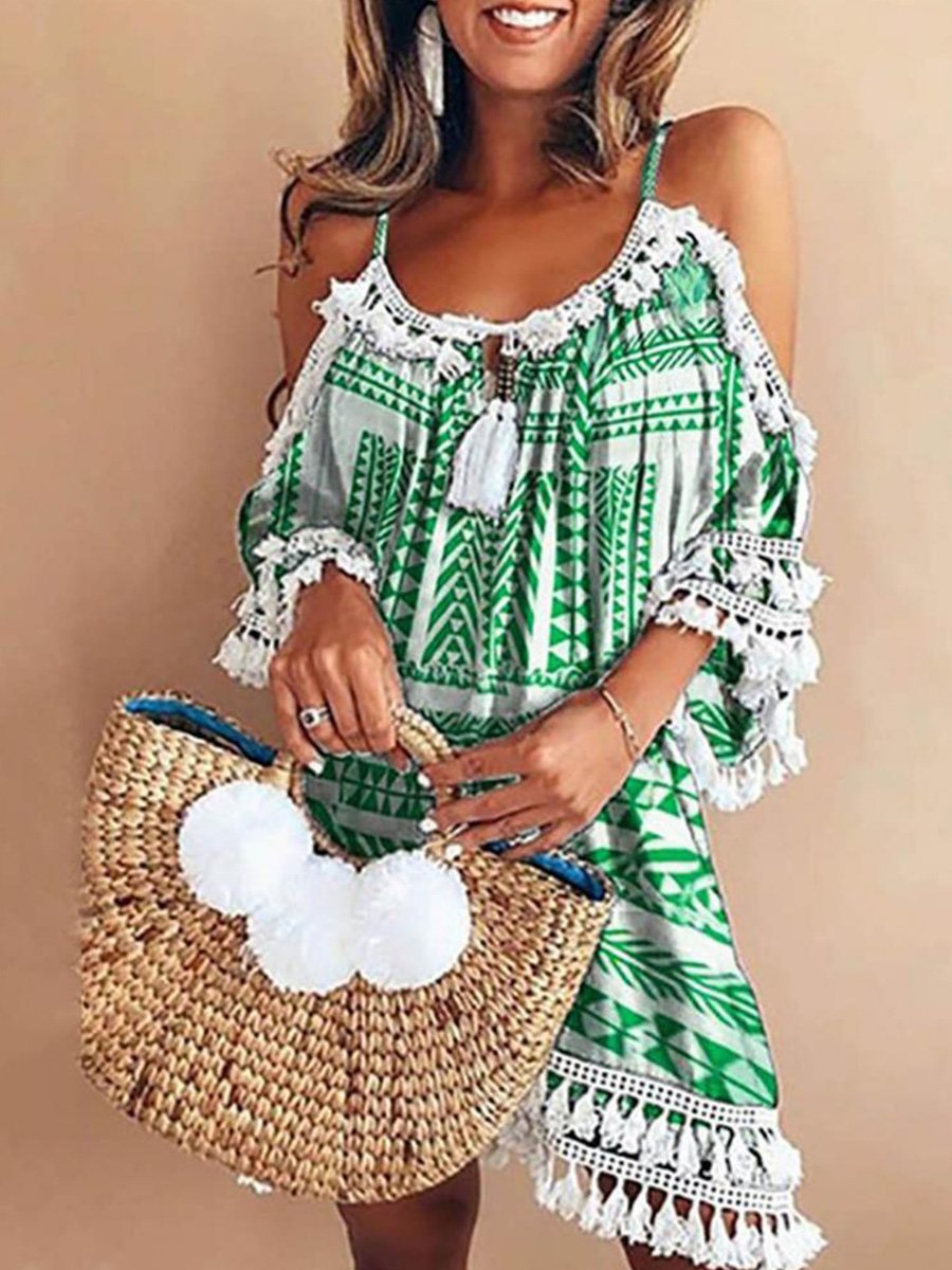 Bohemia Geometric Print Tassels Strapless Dress