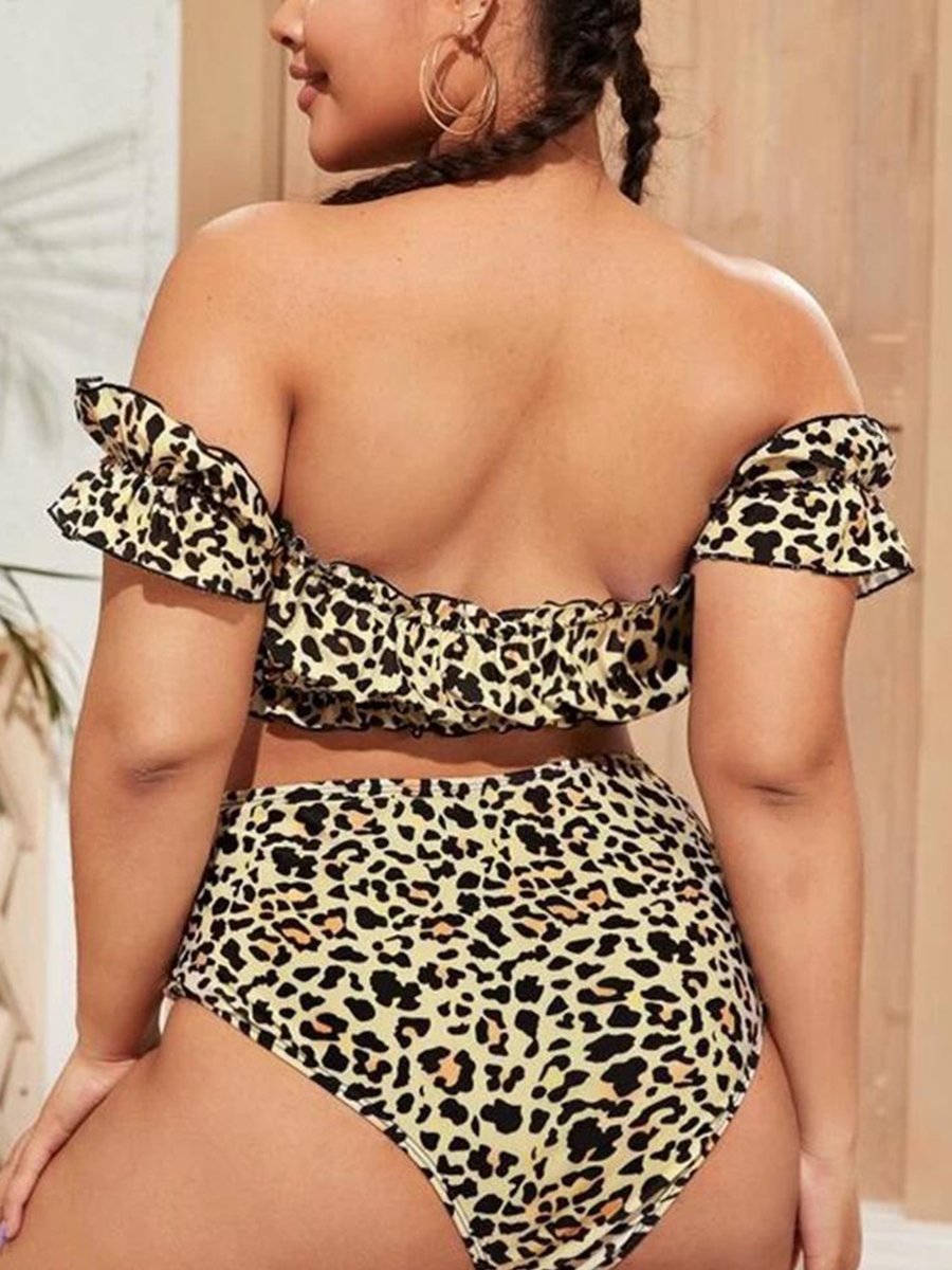 Sweet Off The Shoulder Leopard Print Ruffle Design Hollow-out Tankini