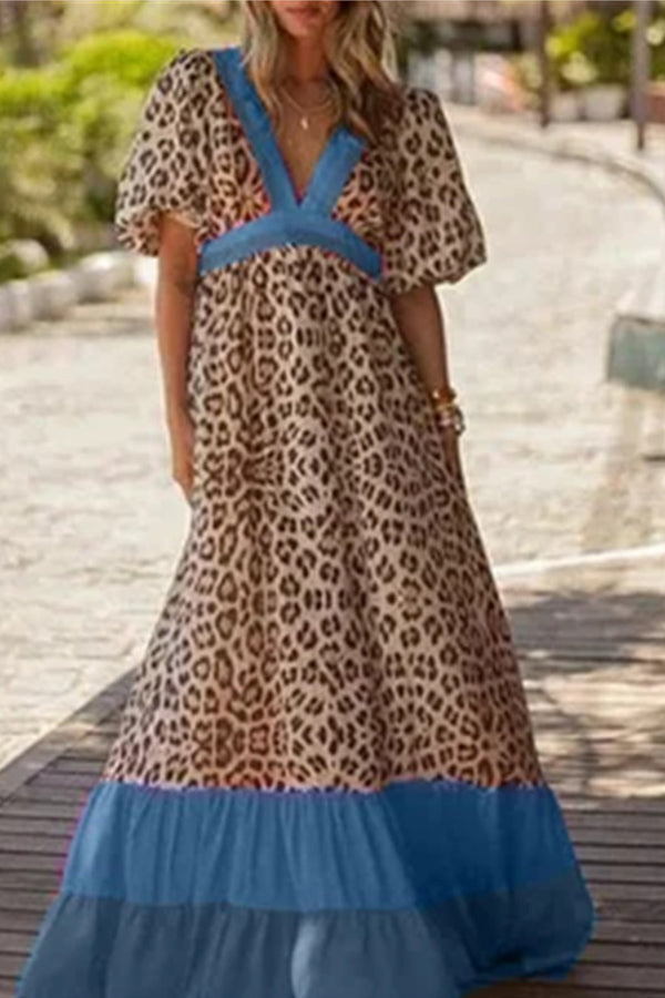 Deep V-Neck Leopard Color Block Maxi Dress