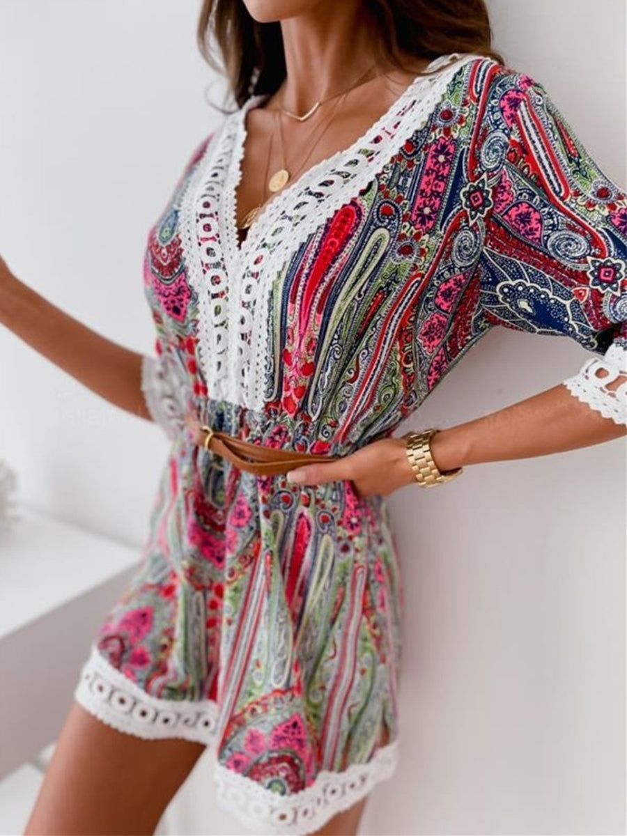 V-neck Print Lace Stiching Mini Dress