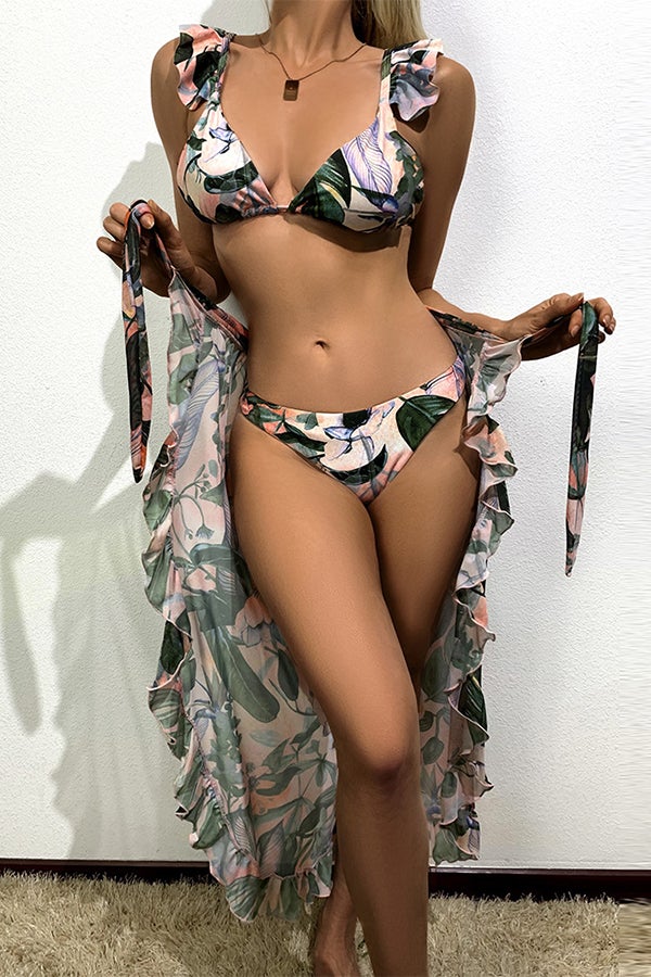 Three-piece Bikini With Leaf Print Mesh Lace