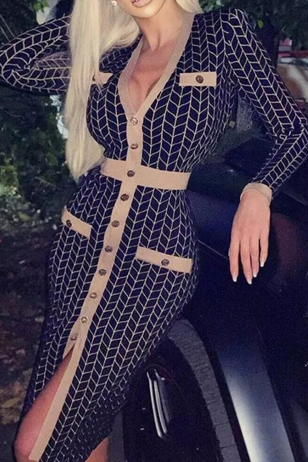 Houndstooth/Rhombus Print Long-sleeved V-neck Button Bodycon Dress