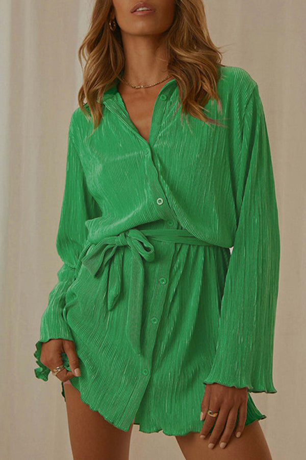 Crinkled Single-Breasted Mini Shirt Dress