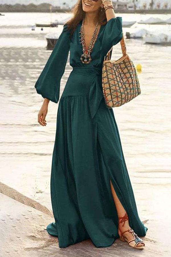 Deep V Neck Lantern Sleeve High Split Maxi Swing Dress