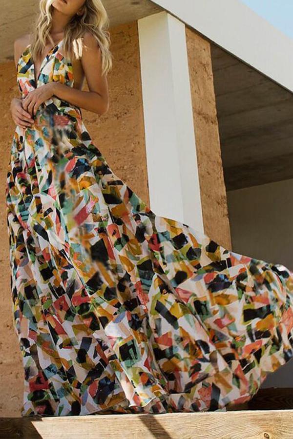 Green Floral Pattern Backless V-neck Sleeveless Fashion Maxi Dress