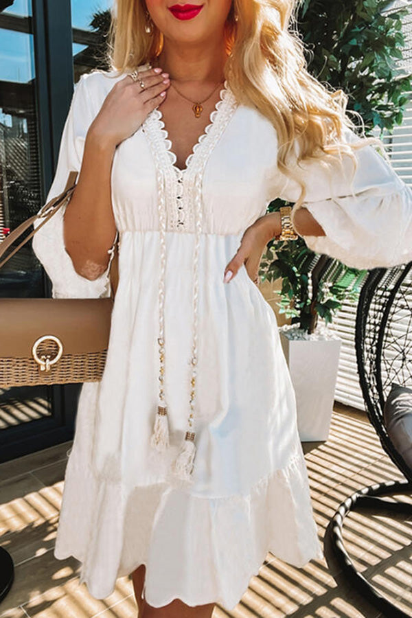 V Neck Solid Color Nipped Waist Midi Dress