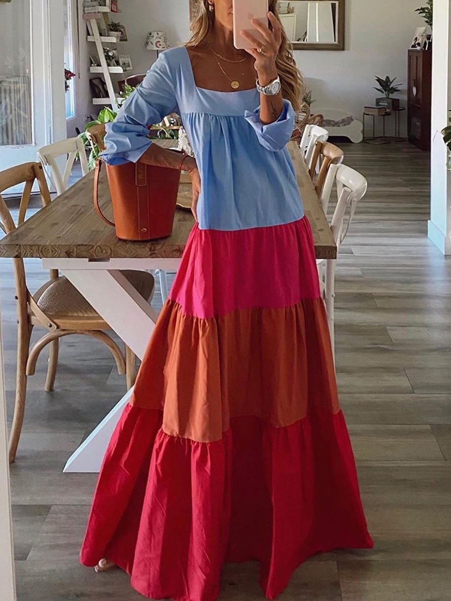 Sexy Vacation Colorful Color Block Dress