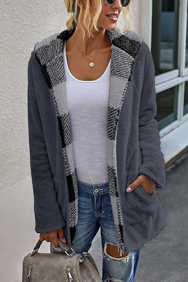 Checked Double-sided Plush Cardigan