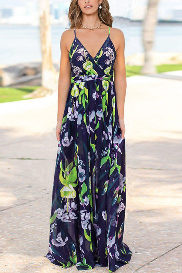 V Neck Waisted Floral Printed Maxi Cami Dress
