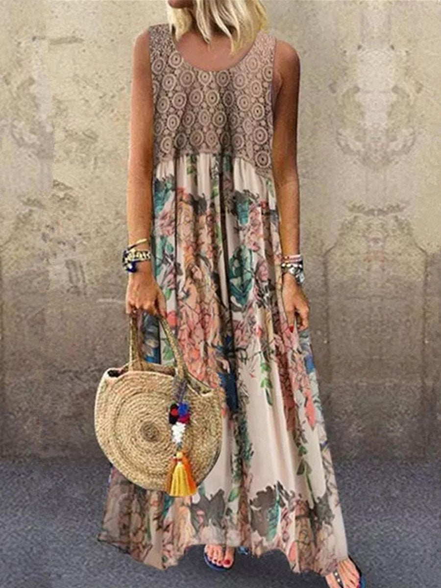 U-neck Sleeveless Print Colorblock Maxi Dress