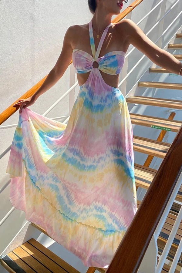 Halter Neck Red Pattern Cutout Long Dress