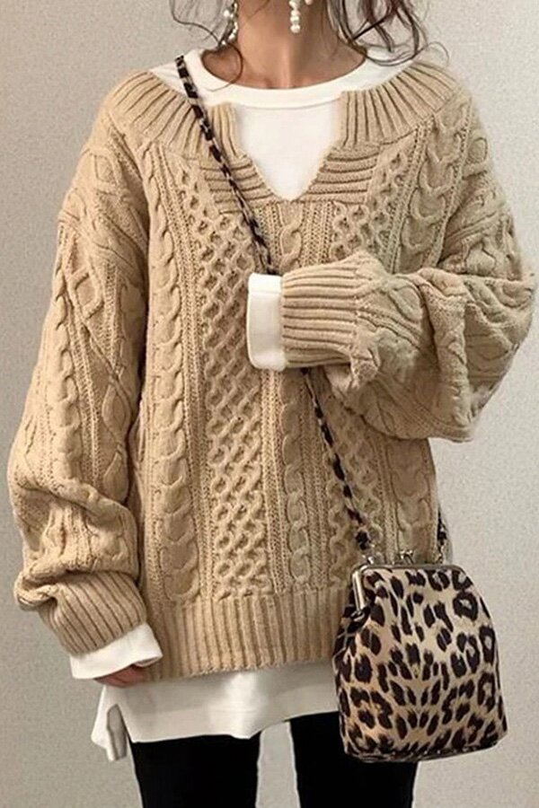 Fashion V-neck Solid Cable Loose Knit Sweater