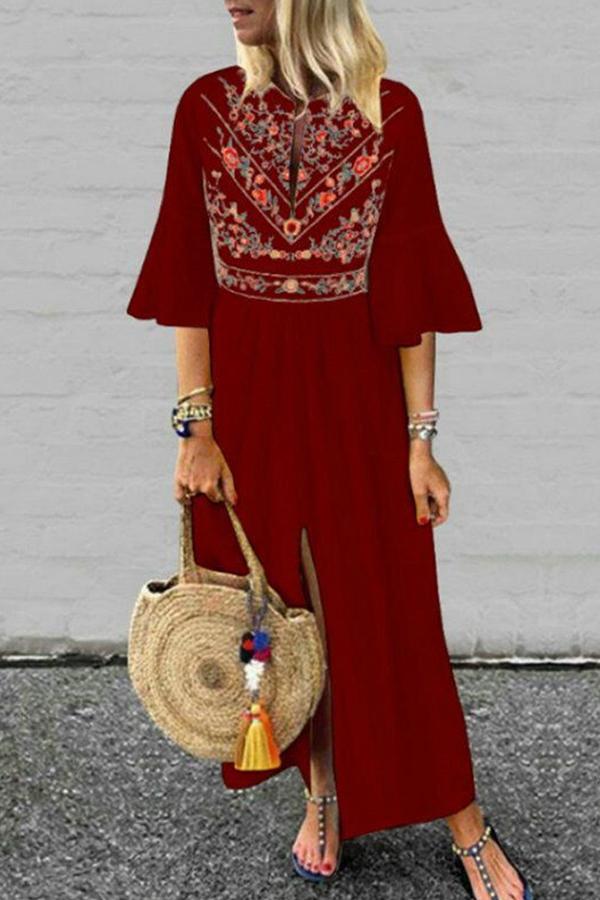 Pleated Front Slit Bell Sleeve Mexico Bohemian Beachwear Maxi Dress