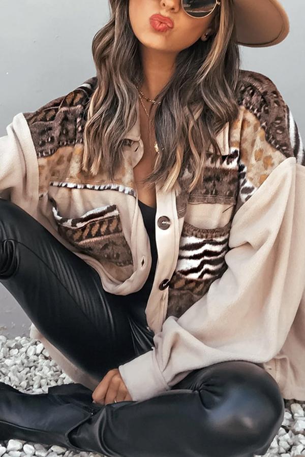 Fashion Print Stitching Pocketed Shacket